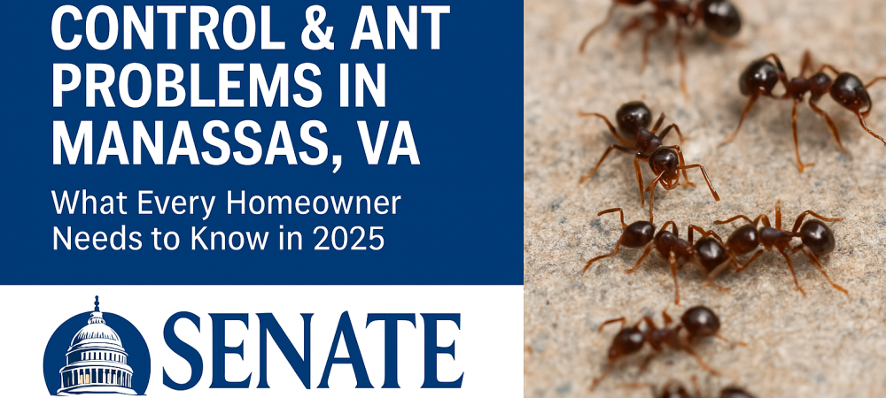 Promotional image for Senate Termite & Pest Control showing ants on a stone surface with text about pest control services in Manassas, VA.