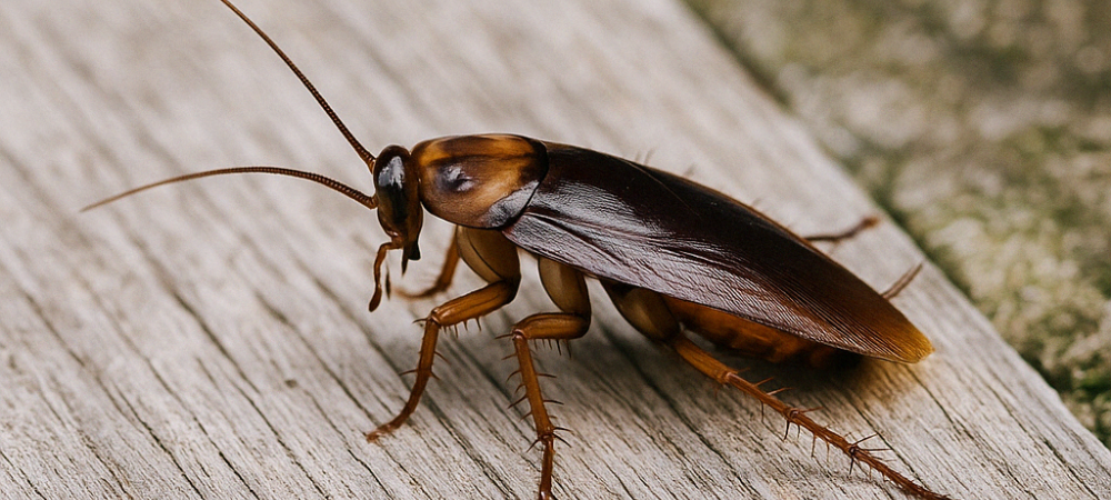 Close-up image of a reddish-brown cockroach on weathered wood, representing cockroach infestations in Virginia Beach, Chesapeake, and Norfolk homes.