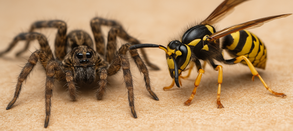 A close-up of a black carpenter ant with a segmented body and bent antennae, crawling on a wooden surface.